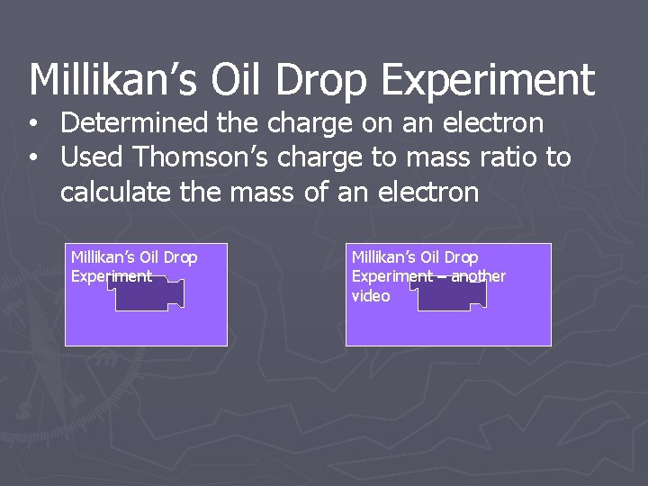 Millikan’s Oil Drop Experiment • Determined the charge on an electron • Used Thomson’s