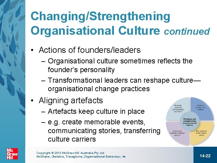 Changing/Strengthening Organisational Culture continued • Actions of founders/leaders – Organisational culture sometimes reflects the