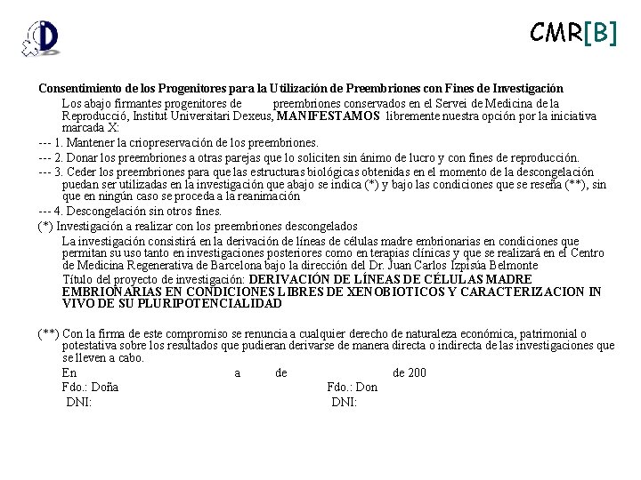 CMR[B] Consentimiento de los Progenitores para la Utilización de Preembriones con Fines de Investigación