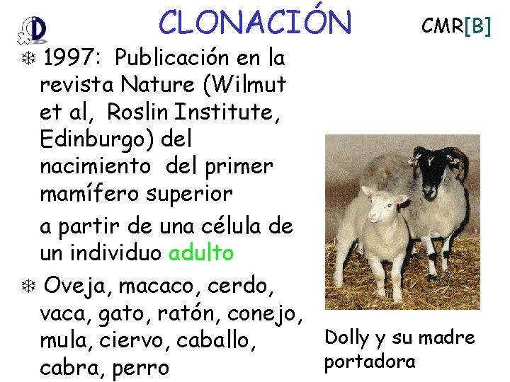 CLONACIÓN 1997: Publicación en la CMR[B] revista Nature (Wilmut et al, Roslin Institute, Edinburgo)