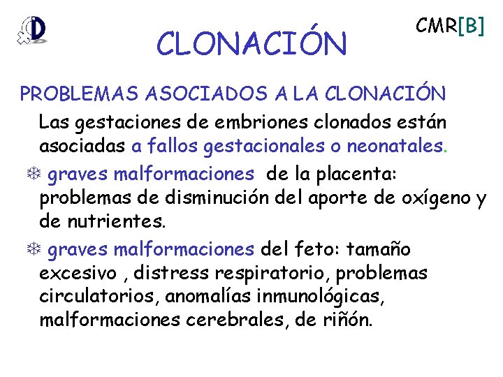 CLONACIÓN CMR[B] PROBLEMAS ASOCIADOS A LA CLONACIÓN Las gestaciones de embriones clonados están asociadas
