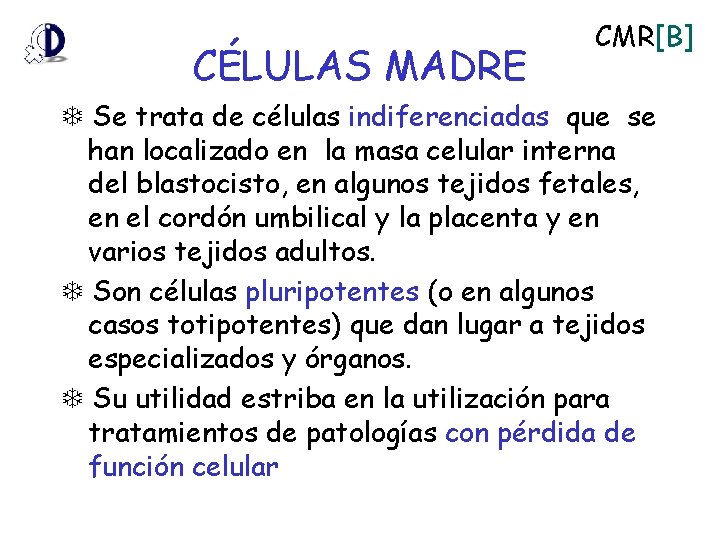 CÉLULAS MADRE CMR[B] Se trata de células indiferenciadas que se han localizado en la