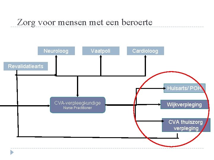 Zorg voor mensen met een beroerte Neuroloog Vaatpoli Cardioloog Revalidatiearts Huisarts/ POH CVA-verpleegkundige Nurse