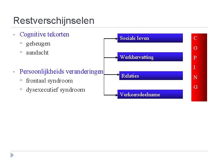 Restverschijnselen • • Cognitive tekorten geheugen aandacht Persoonlijkheids veranderingen frontaal syndroom dysexecutief syndroom Sociale