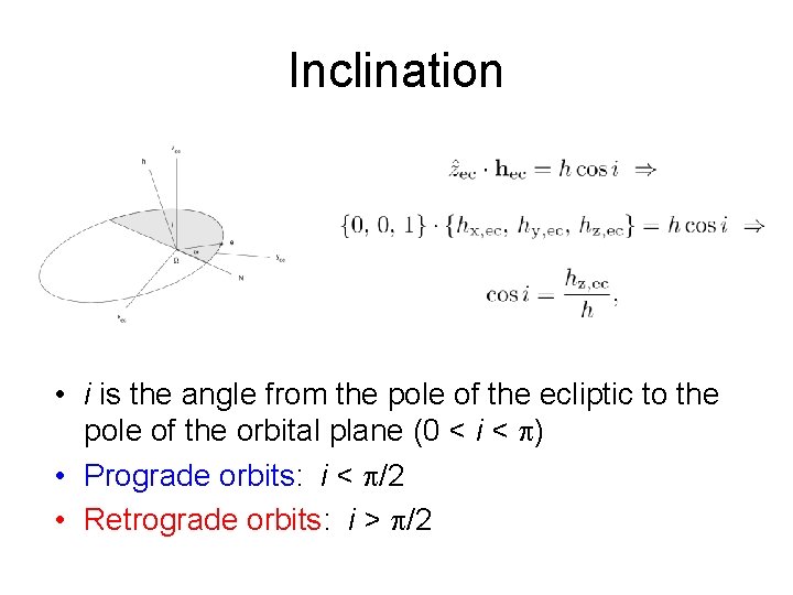 Inclination • i is the angle from the pole of the ecliptic to the