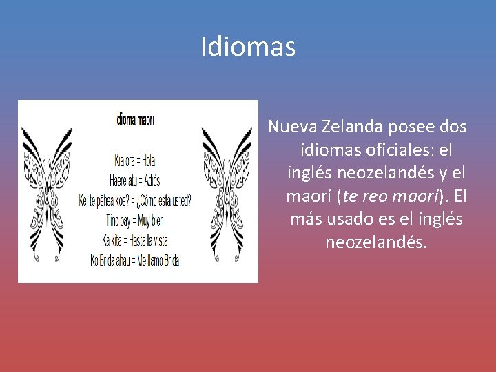 Idiomas Nueva Zelanda posee dos idiomas oficiales: el inglés neozelandés y el maorí (te