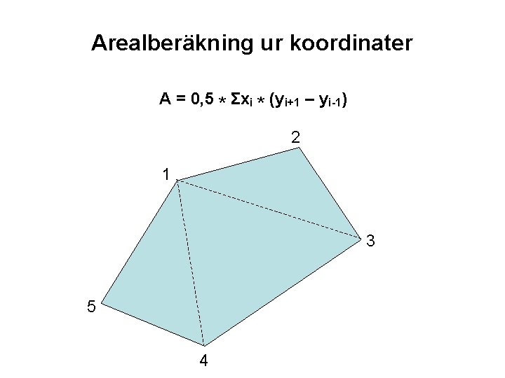 Arealberäkning ur koordinater A = 0, 5 * Σxi * (yi+1 – yi-1) 2