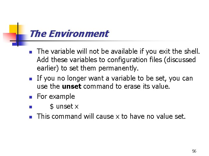 The Environment n n n The variable will not be available if you exit