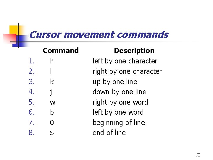 Cursor movement commands 1. 2. 3. 4. 5. 6. 7. 8. Command h l