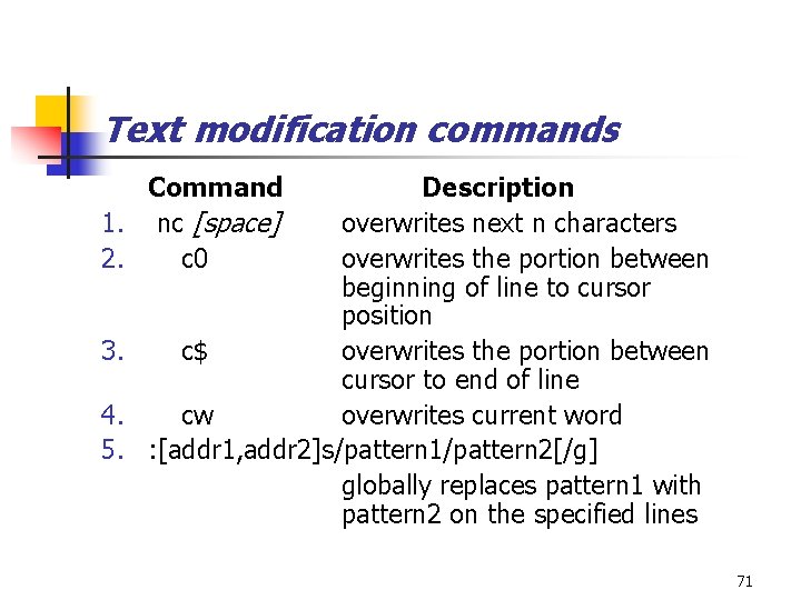 Text modification commands Command 1. nc [space] 2. c 0 Description overwrites next n