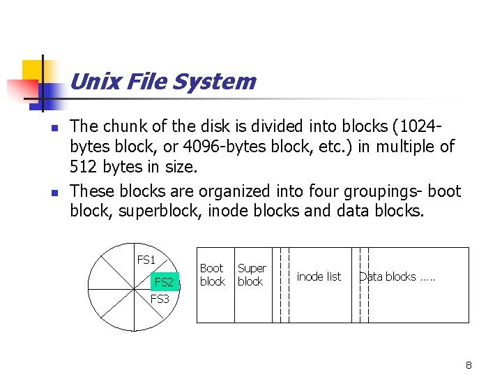 Unix File System n n The chunk of the disk is divided into blocks