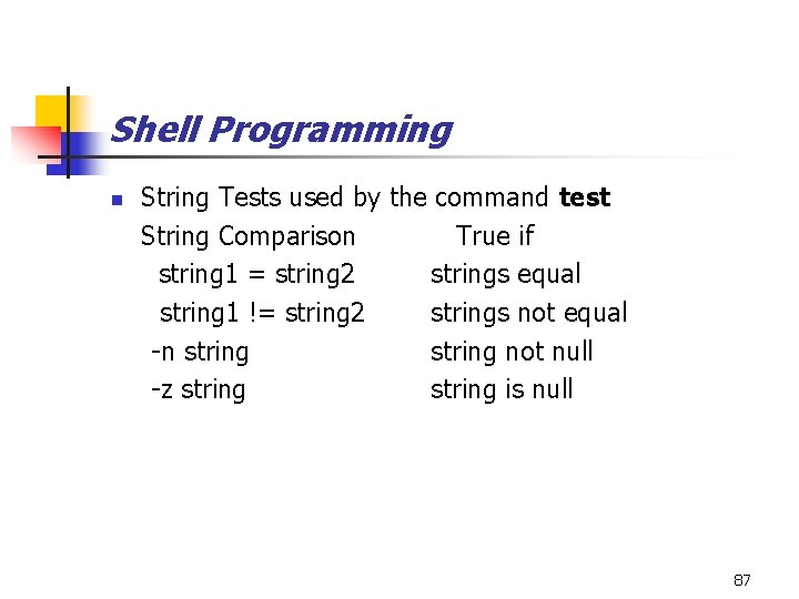 Shell Programming String Tests used by the command test String Comparison True if string