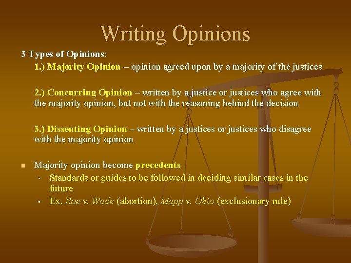 Writing Opinions 3 Types of Opinions: 1. ) Majority Opinion – opinion agreed upon