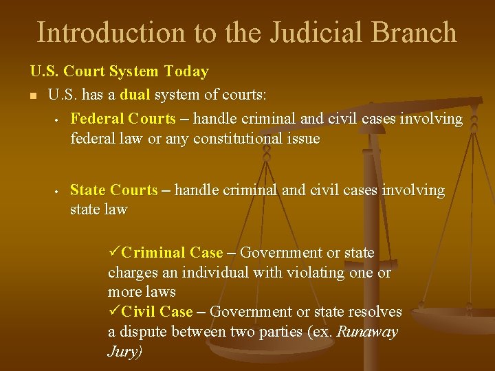 Introduction to the Judicial Branch U. S. Court System Today n U. S. has