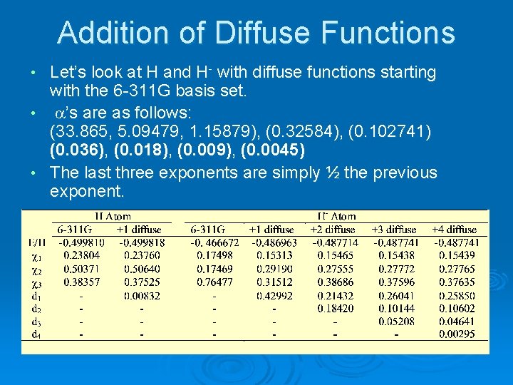 Addition of Diffuse Functions Let’s look at H and H- with diffuse functions starting