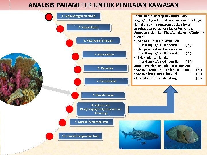 ANALISIS PARAMETER UNTUK PENILAIAN KAWASAN 1. Keanekaragaman hayati 2. Kealamiahan 3. Keterkaitan Ekologis 4.