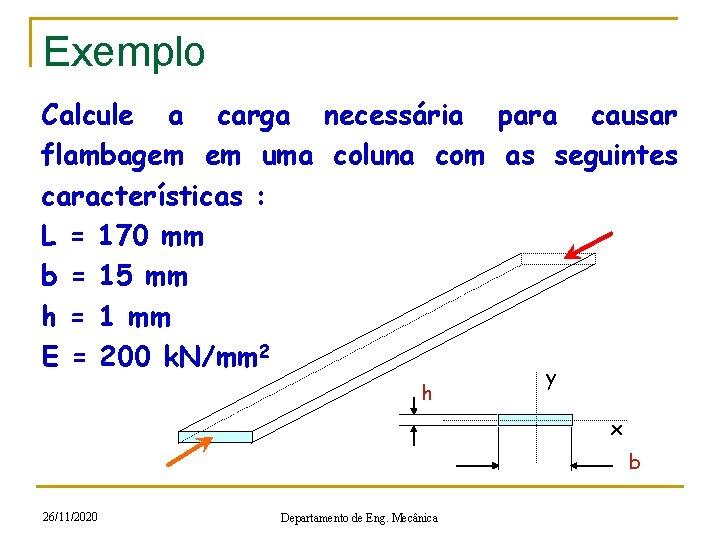 Exemplo Calcule a carga necessária para causar flambagem em uma coluna com as seguintes