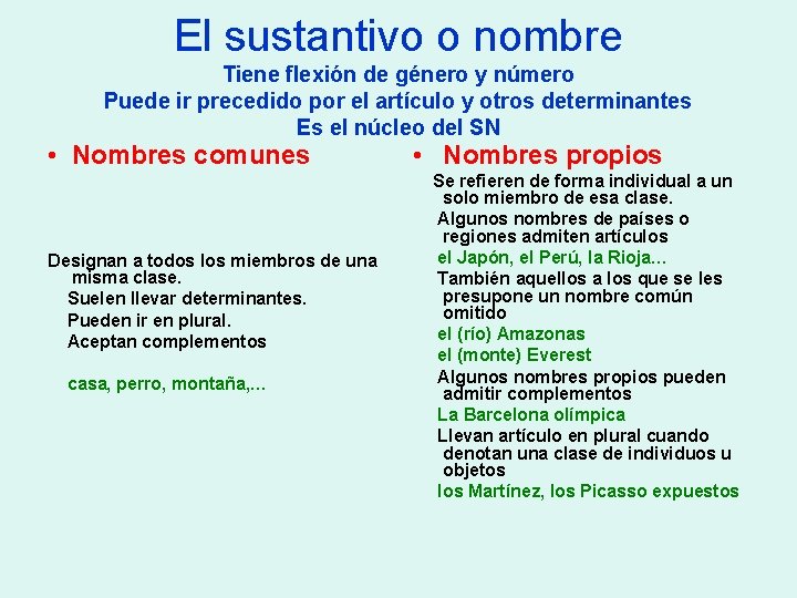 El sustantivo o nombre Tiene flexión de género y número Puede ir precedido por