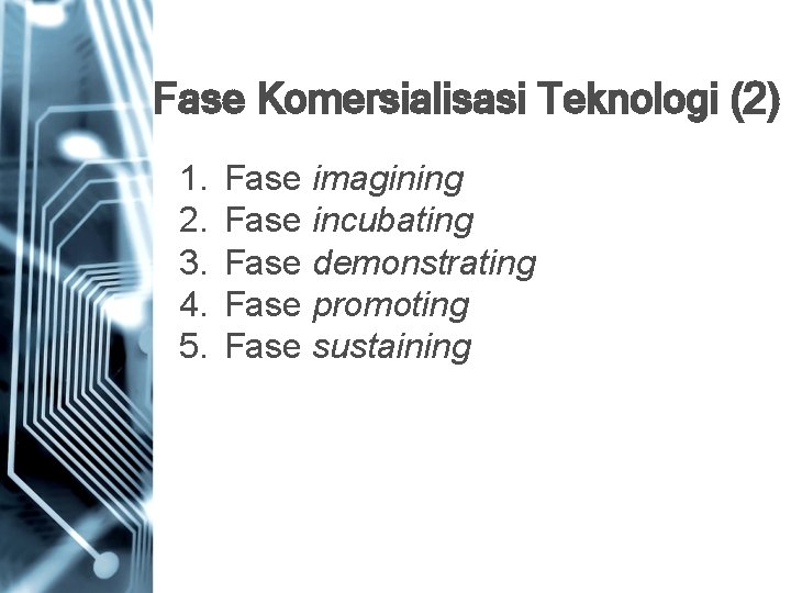 Fase Komersialisasi Teknologi (2) 1. 2. 3. 4. 5. Fase imagining Fase incubating Fase