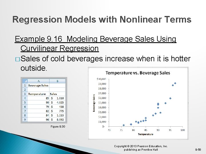Regression Models with Nonlinear Terms Example 9. 16 Modeling Beverage Sales Using Curvilinear Regression