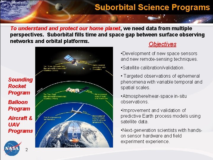 Suborbital Science Programs To understand protect our home planet, we need data from multiple