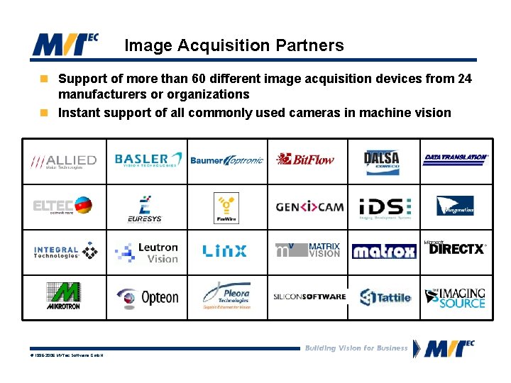 Image Acquisition Partners n Support of more than 60 different image acquisition devices from