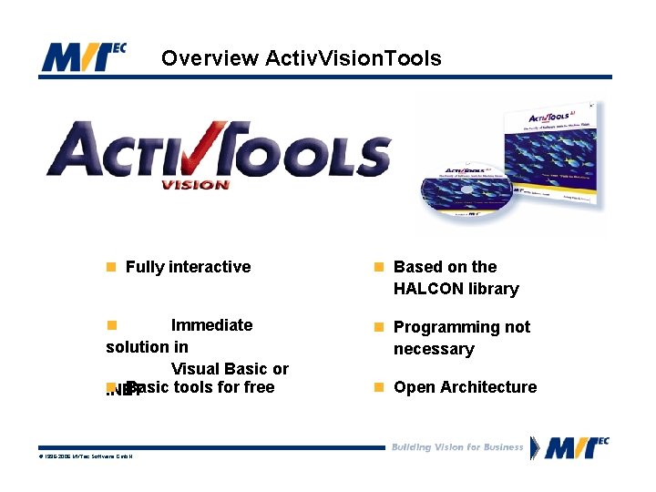 Overview Activ. Vision. Tools n Fully interactive n Based on the HALCON library n