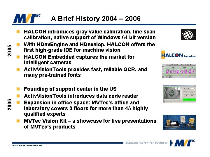 2006 2005 A Brief History 2004 – 2006 n HALCON introduces gray value calibration,