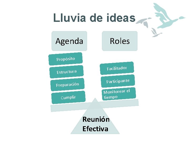 Lluvia de ideas Agenda Roles Propósito Estructura Preparación Cumplir Facilitador Participante Monitorear el tiempo