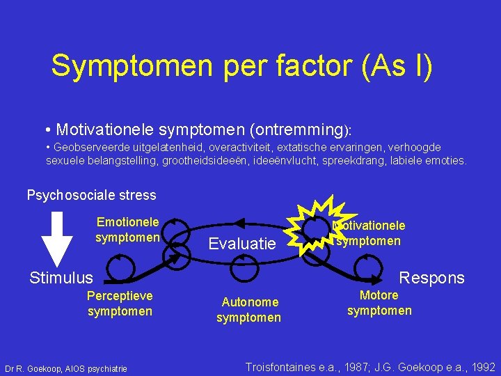 Symptomen per factor (As I) • Motivationele symptomen (ontremming): • Geobserveerde uitgelatenheid, overactiviteit, extatische