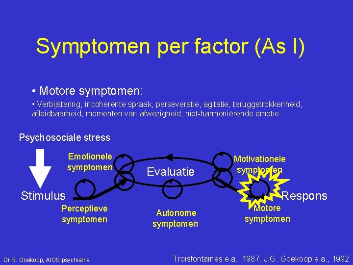 Symptomen per factor (As I) • Motore symptomen: • Verbijstering, incoherente spraak, perseveratie, agitatie,