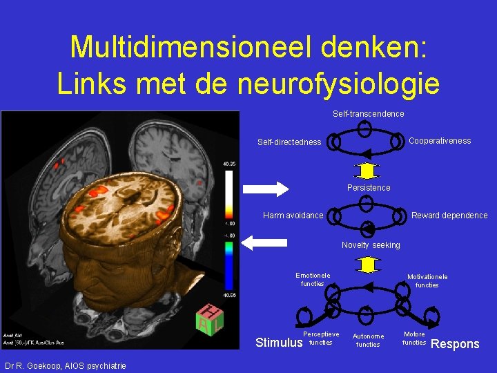 Multidimensioneel denken: Links met de neurofysiologie Self-transcendence Cooperativeness Self-directedness Persistence Harm avoidance Reward dependence