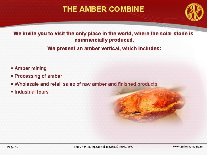 THE AMBER COMBINE We invite you to visit the only place in the world,