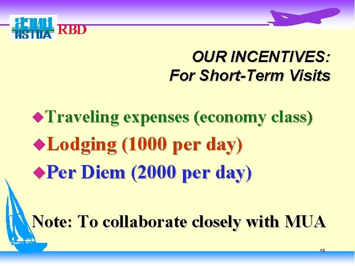 RBD OUR INCENTIVES: For Short-Term Visits u. Traveling expenses (economy class) u. Lodging (1000