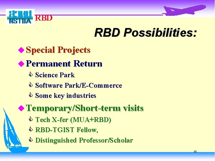 RBD Possibilities: u Special Projects u Permanent Return C Science Park C Software Park/E-Commerce