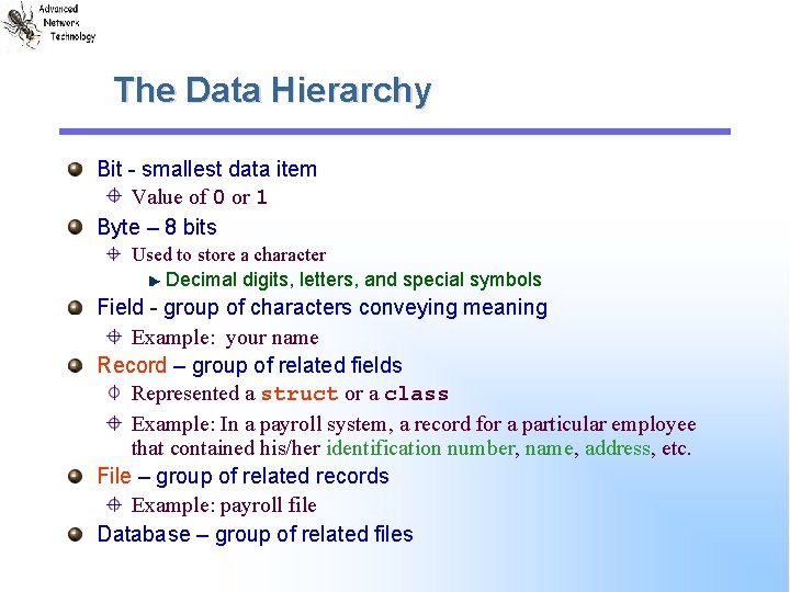 The Data Hierarchy Bit - smallest data item Value of 0 or 1 Byte
