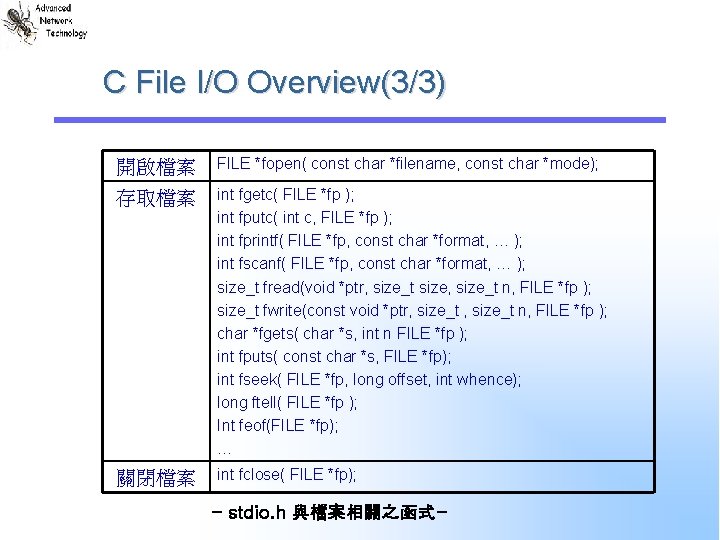 C File I/O Overview(3/3) 開啟檔案 FILE *fopen( const char *filename, const char *mode); 存取檔案