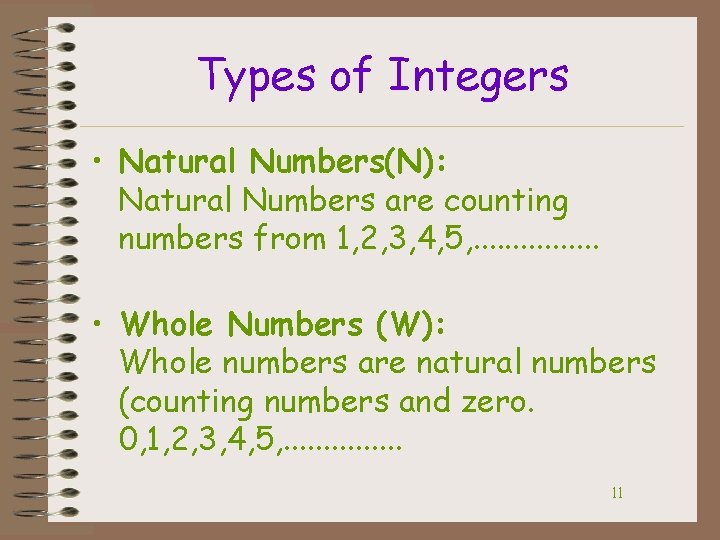 Types of Integers • Natural Numbers(N): Natural Numbers are counting numbers from 1, 2,