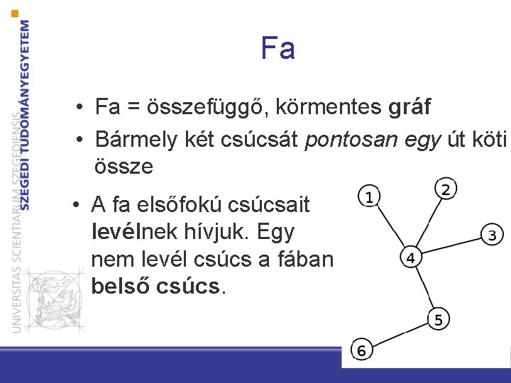 Fa • Fa = összefüggő, körmentes gráf • Bármely két csúcsát pontosan egy út