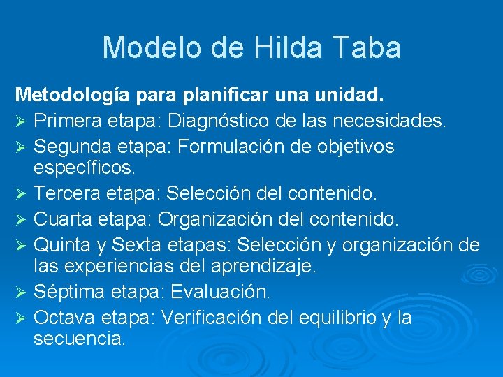 Modelo de Hilda Taba Metodología para planificar una unidad. Ø Primera etapa: Diagnóstico de