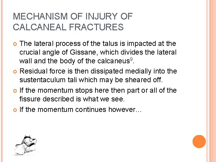 MECHANISM OF INJURY OF CALCANEAL FRACTURES The lateral process of the talus is impacted