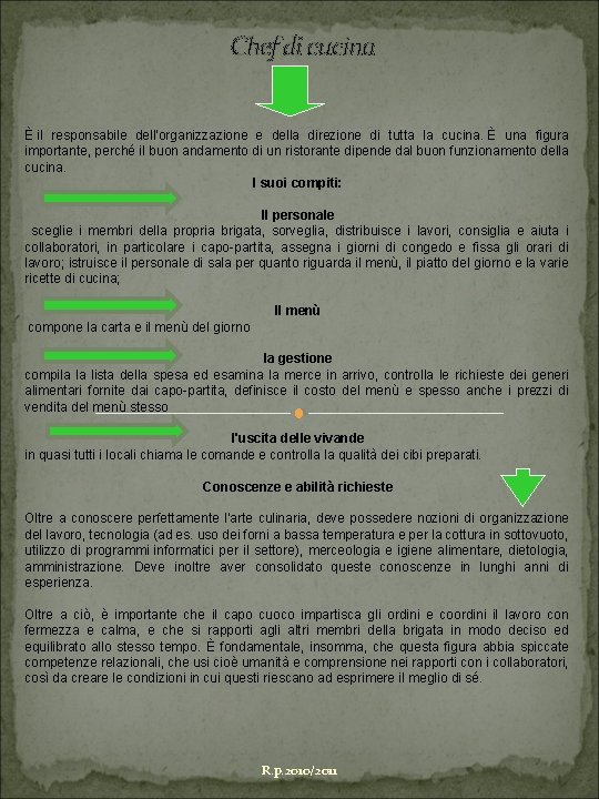 Chef di cucina È il responsabile dell'organizzazione e della direzione di tutta la cucina.