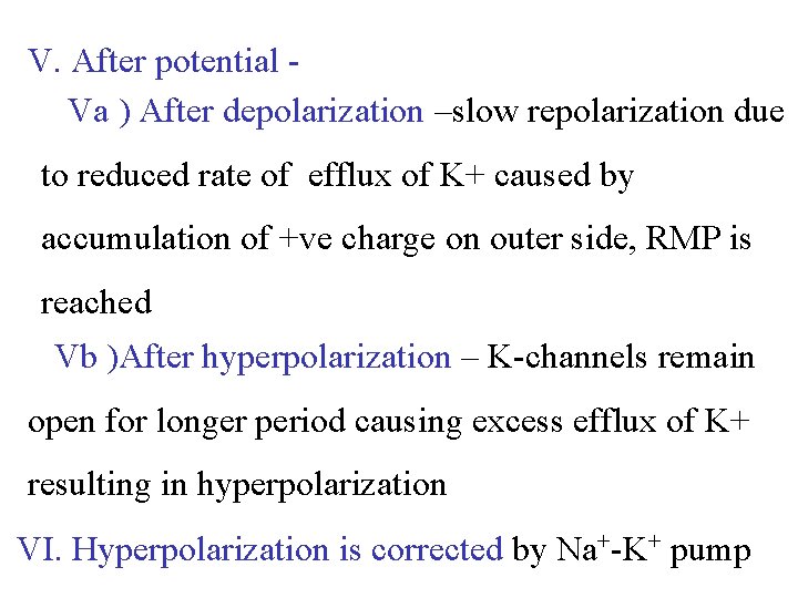 V. After potential Va ) After depolarization –slow repolarization due to reduced rate of
