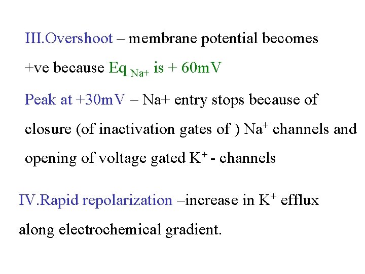 III. Overshoot – membrane potential becomes +ve because Eq Na+ is + 60 m.