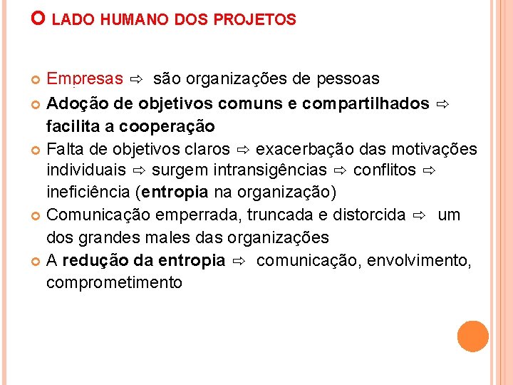 O LADO HUMANO DOS PROJETOS Empresas ⇨ são organizações de pessoas Adoção de objetivos