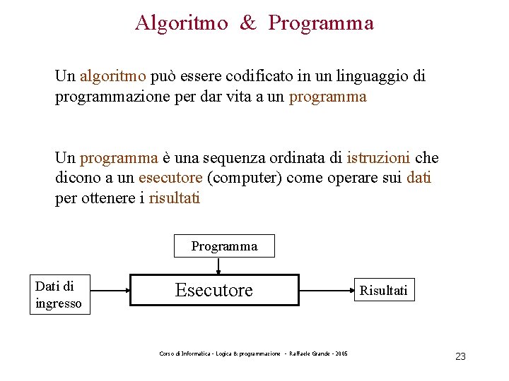 Algoritmo & Programma Un algoritmo può essere codificato in un linguaggio di programmazione per