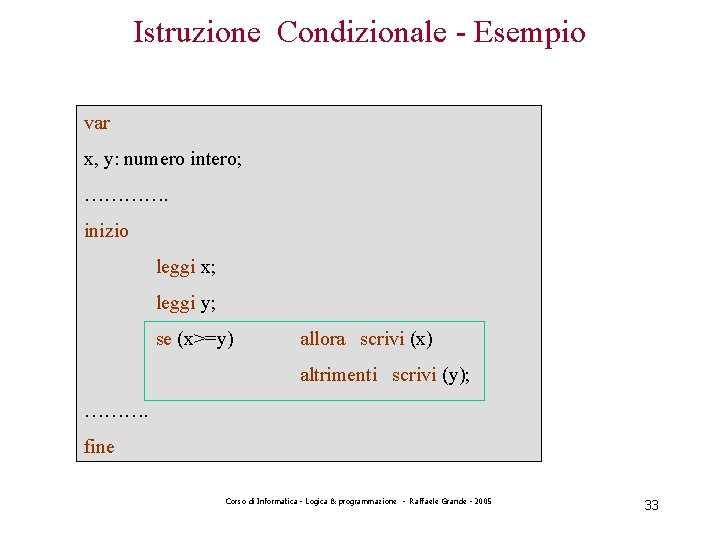 Istruzione Condizionale - Esempio var x, y: numero intero; …………. inizio leggi x; leggi