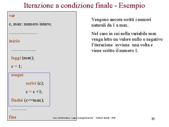 Iterazione a condizione finale - Esempio var c, max: numero intero; ……………… inizio …………….