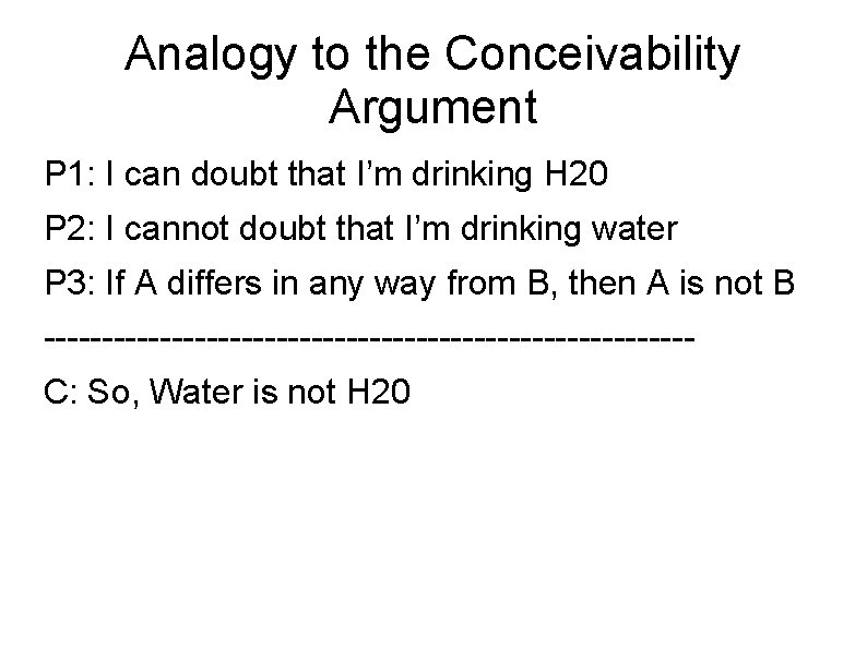 Analogy to the Conceivability Argument P 1: I can doubt that I’m drinking H
