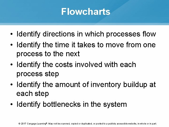 Flowcharts • Identify directions in which processes flow • Identify the time it takes